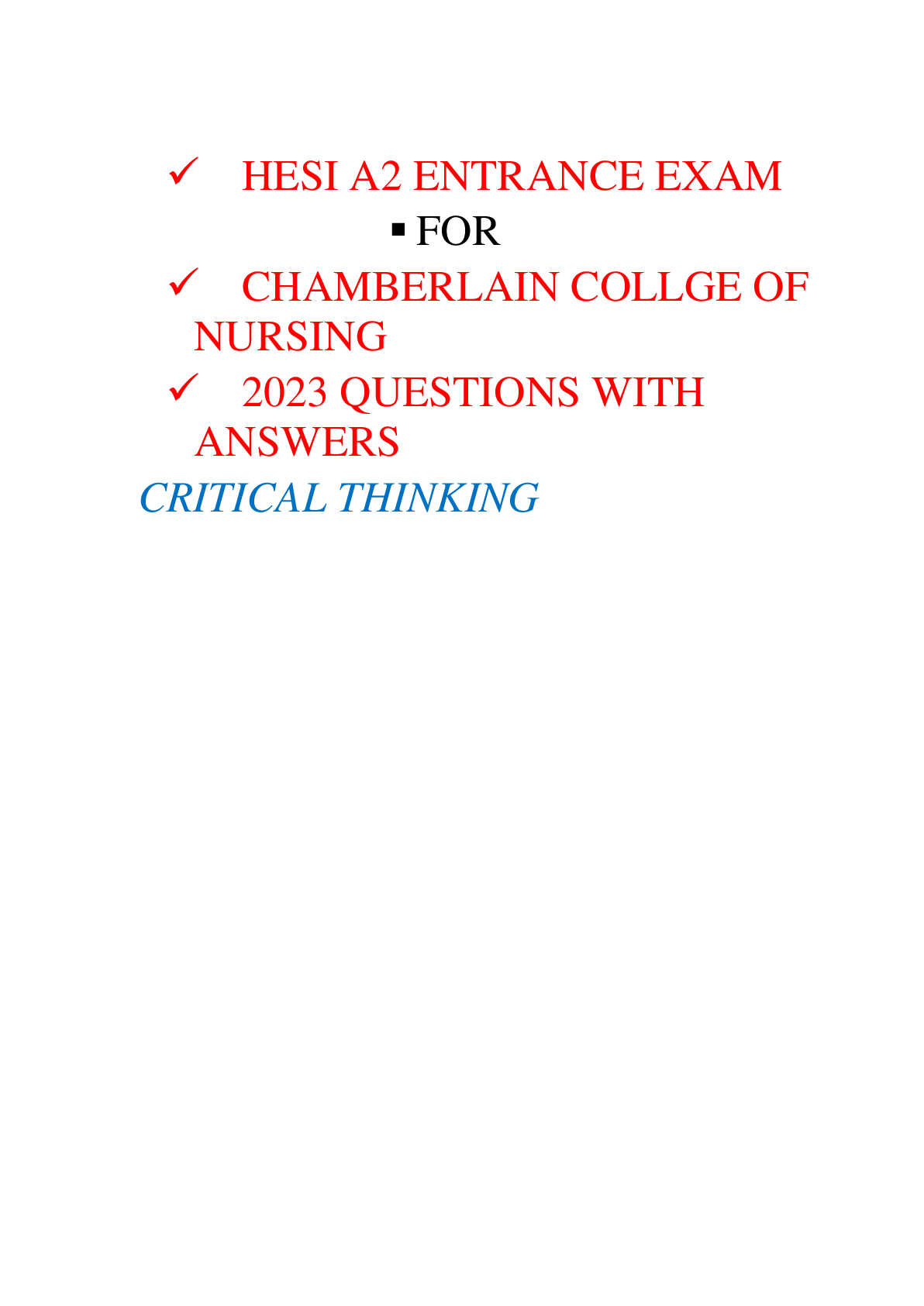 Preview image for HESI A2 ENTRANCE EXAM   FOR   CHAMBERLAIN COLLGE OF NURSING  2023 QUESTIONS WITH ANSWERS CRITICAL THINKING
